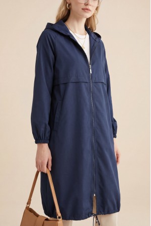 Boydan Fermuarlı Kapşonlu Uzun Yağmurluk -Laci