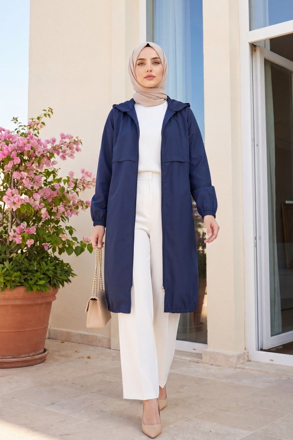 Long Zippered Hooded Raincoat -Navy blue