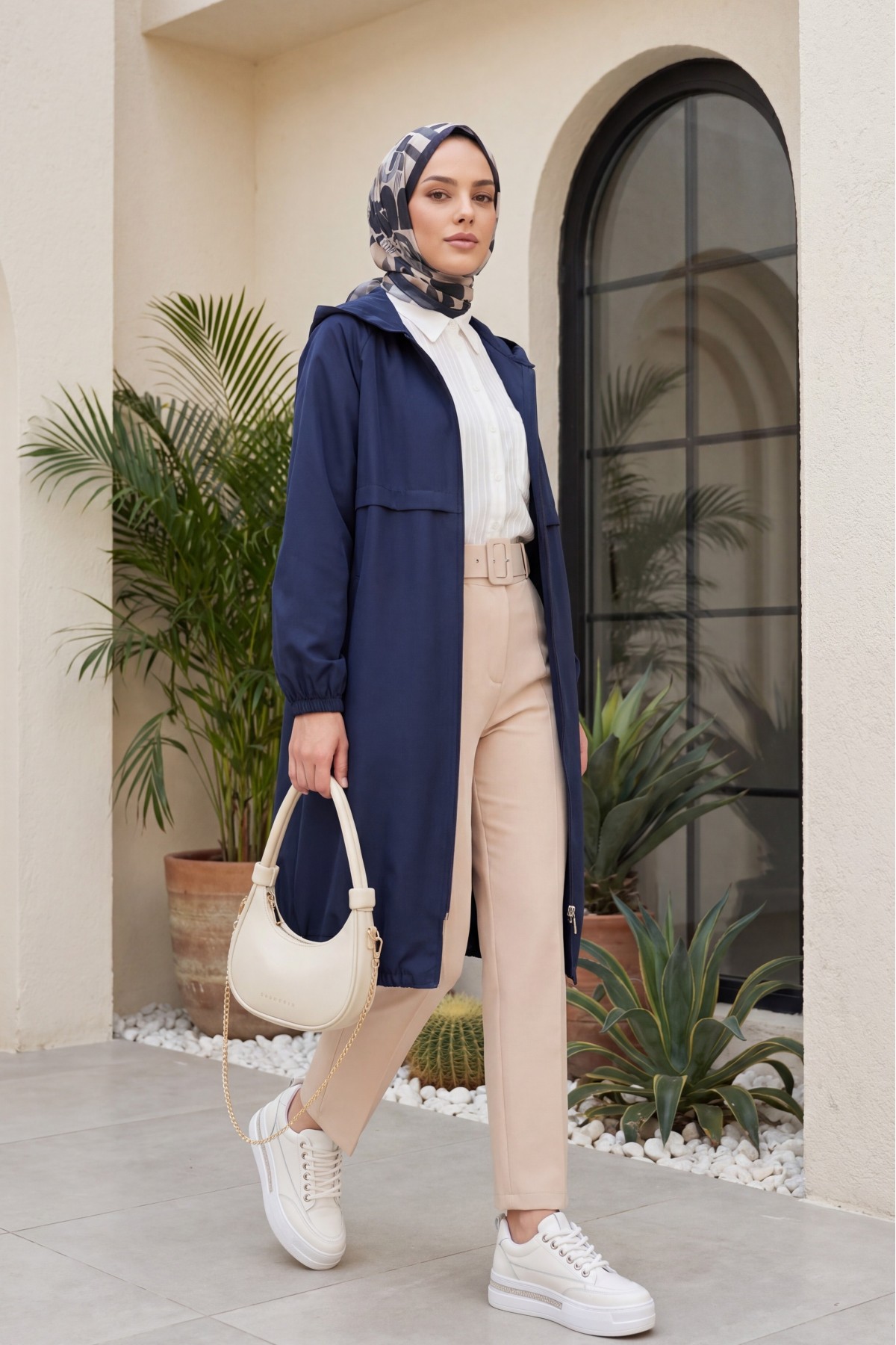 Long Zippered Hooded Raincoat -Navy blue