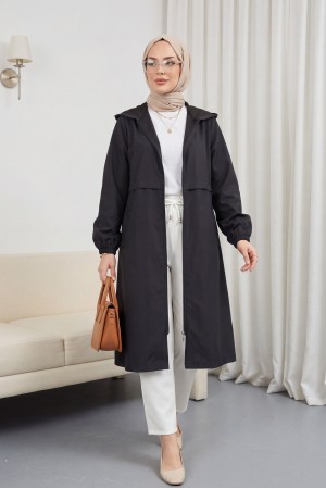 Boydan Fermuarlı Kapşonlu Uzun Yağmurluk -Siyah