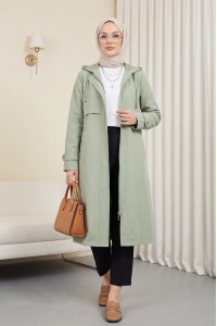 Boydan Fermuarlı Kapşonlu Uzun Yağmurluk -Taş