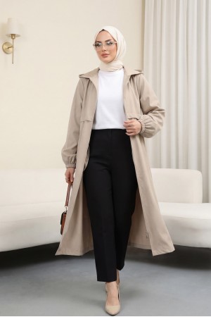 Boydan Fermuarlı Kapşonlu Uzun Yağmurluk -Taş