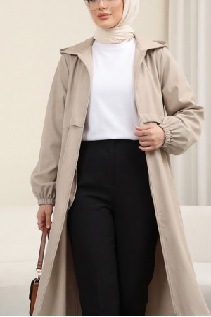 Boydan Fermuarlı Kapşonlu Uzun Yağmurluk -Taş