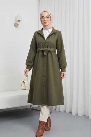 Belden Bağlamalı Top Düğmeli Kaşe Kaban -Haki