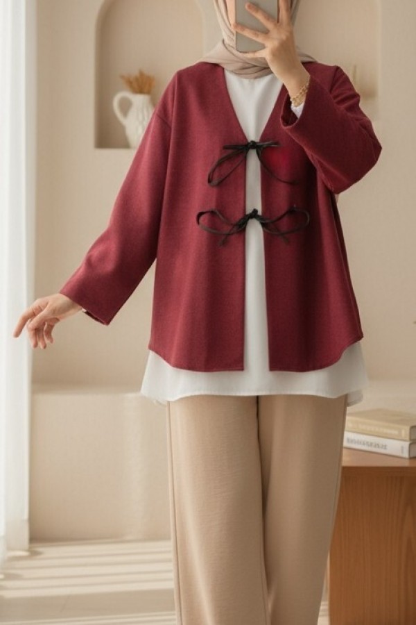 Önü Bağcıklı Oval Kesim Kaşe Kimono   -Bordo