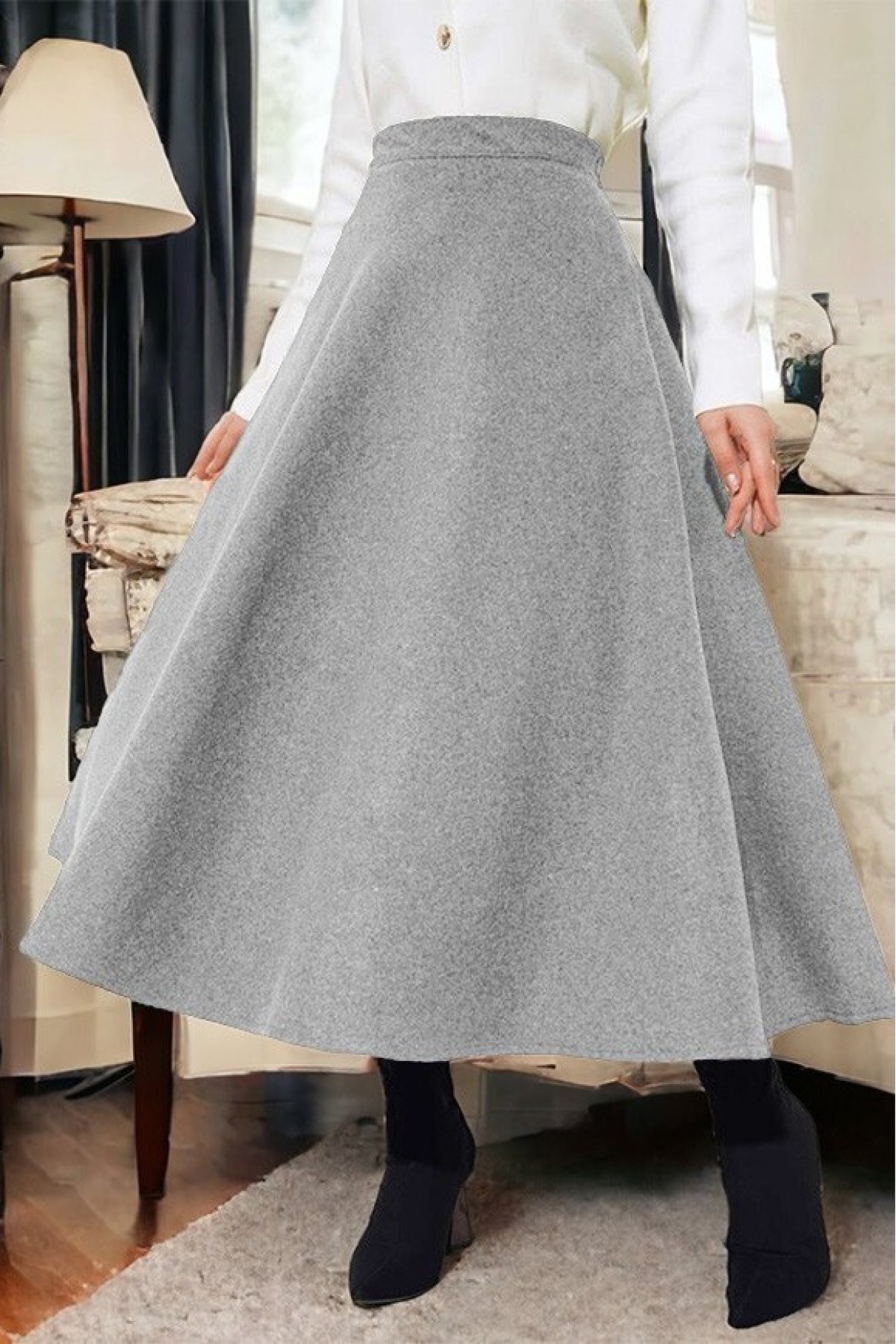 Zippered Cashmere Bell Skirt   -Grey