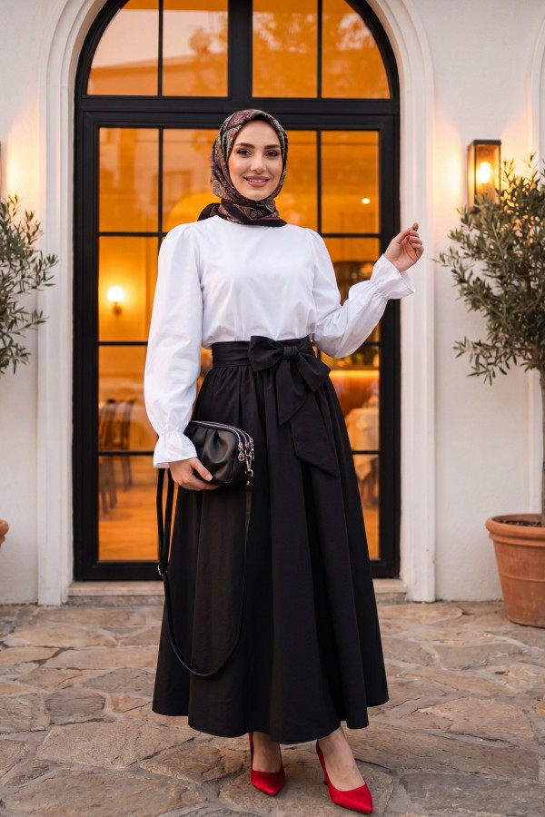 Pleated Belted Parachute Skirt -Black