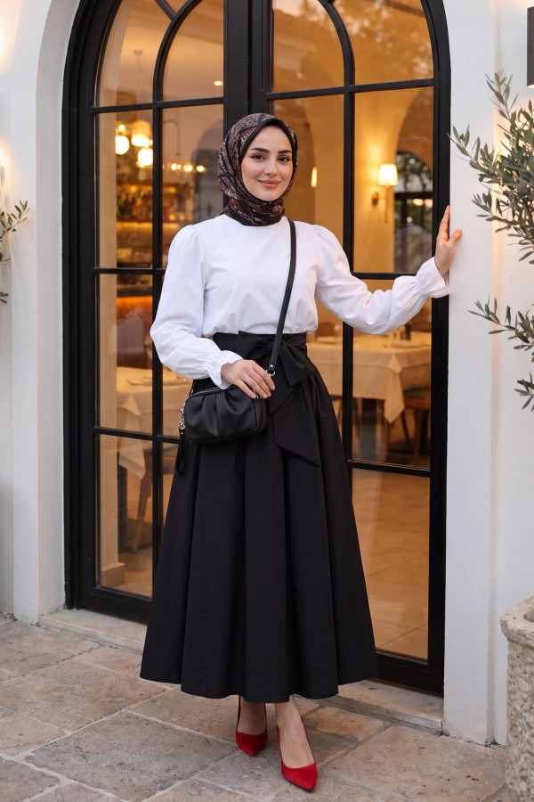 Pleated Belted Parachute Skirt -Black