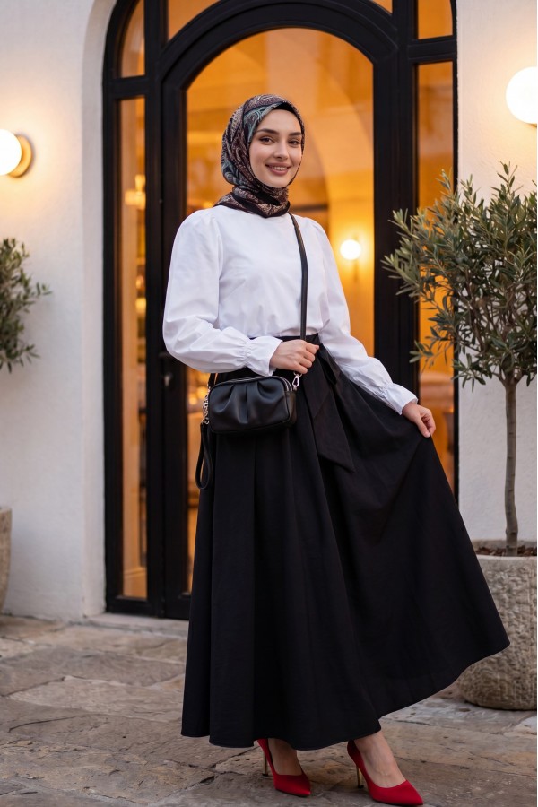 Pleated Belted Parachute Skirt -Black