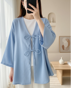 Önü Bağcıklı Keten Kimono -Açık Mavi