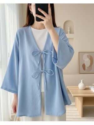 Önü Bağcıklı Keten Kimono -Açık Mavi
