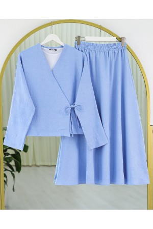 Linen Suit with Side Tie Skirt -Baby Blue