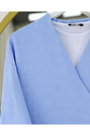 Linen Suit with Side Tie Skirt -Baby Blue