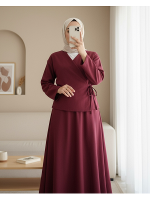 Yandan Bağlamalı Etekli Keten Takım -Bordo