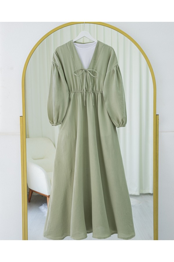 Muslin Dress with Elasticated Waist and Sleeves, Tied Collar -Cagla Green