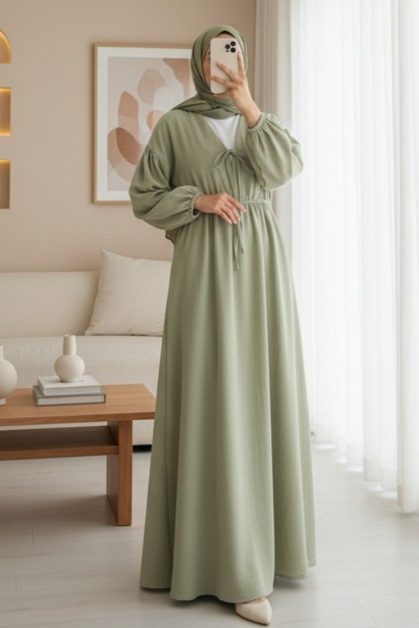 Muslin Dress with Elasticated Waist and Sleeves, Tied Collar -Cagla Green