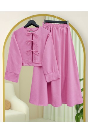 Linen Suit with Elastic Waist and Lace     -Pink