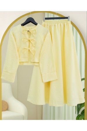 Önü Bağcıklı Beli Lastikli Etekli Keten Takım      -Sarı