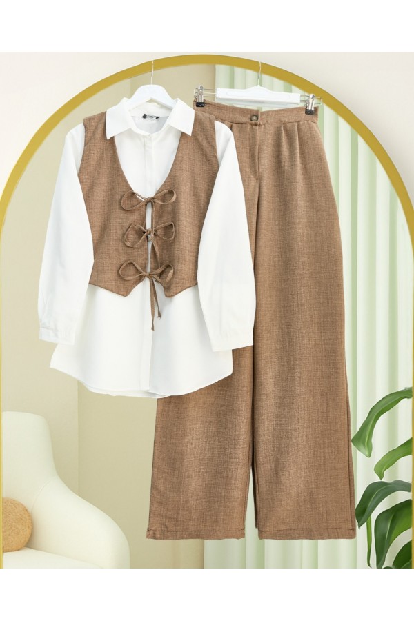 Front Tie Vest Trousers Two Piece Set   -Brown