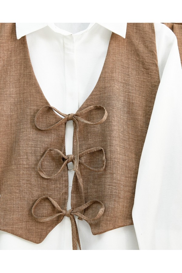 Front Tie Vest Trousers Two Piece Set   -Brown