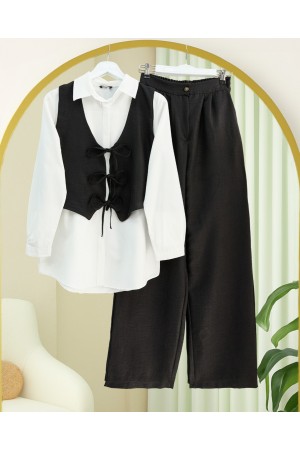 Önü Bağlamalı Yelek Pantolon İkili Takım   -Siyah