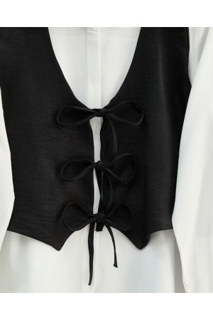 Önü Bağlamalı Yelek Pantolon İkili Takım   -Siyah