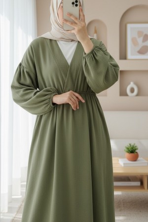فستان موسلين بخصر مطاطي وأكمام وياقة مربوطة  -خاكي