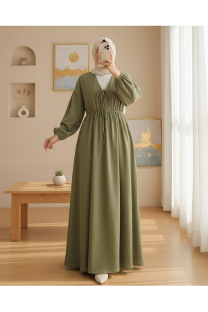 Yakası Bağlamalı Kolu Ve Beli Lastikli Müslin Elbise  -Haki