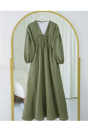 Yakası Bağlamalı Kolu Ve Beli Lastikli Müslin Elbise  -Haki