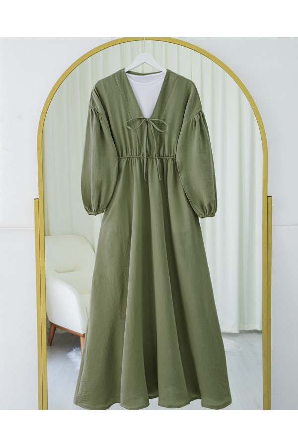 Muslin Dress with Elasticated Waist and Sleeves, Tied Collar  -Khaki