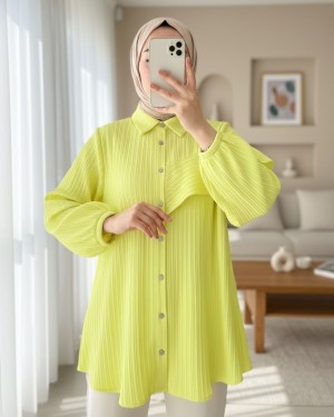 تونيك  مطاطي  مع تفاصيل  كشكشة على  الأكمام -أصفر فاتح