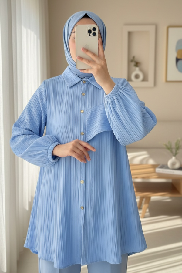 Kolu Fırfır Detaylı  Lastikli Tunik -Bebe Mavi
