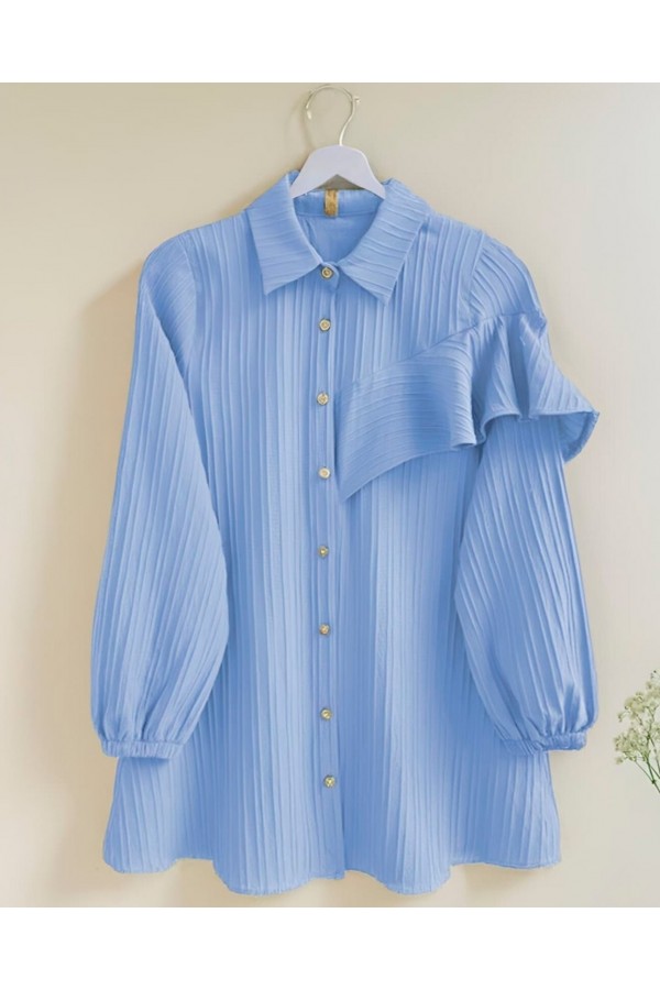 Elastic  Tunic  with  Ruffle  Detail  on  the  Sleeves -Baby Blue