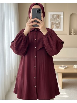 Kolu Fırfır Detaylı  Lastikli Tunik -Bordo