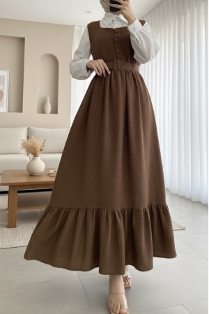 Top Düğmeli Altı Fırfırlı Beli Kemerli  Jile Elbise-Kahve