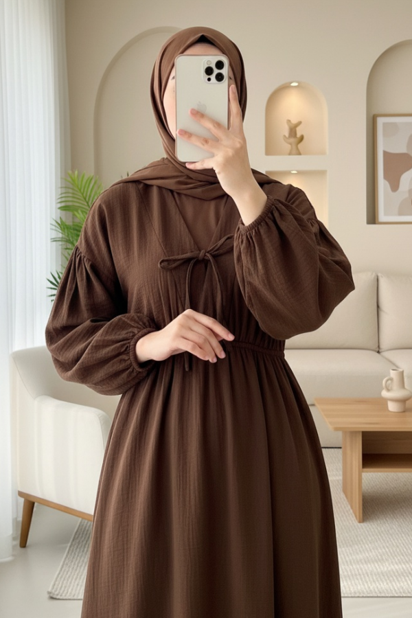 Muslin Dress with Elasticated Waist and Sleeves, Tied Collar    -Brown
