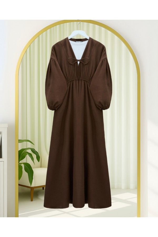 Muslin Dress with Elasticated Waist and Sleeves, Tied Collar    -Brown