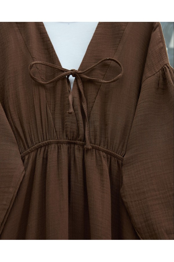 Muslin Dress with Elasticated Waist and Sleeves, Tied Collar    -Brown