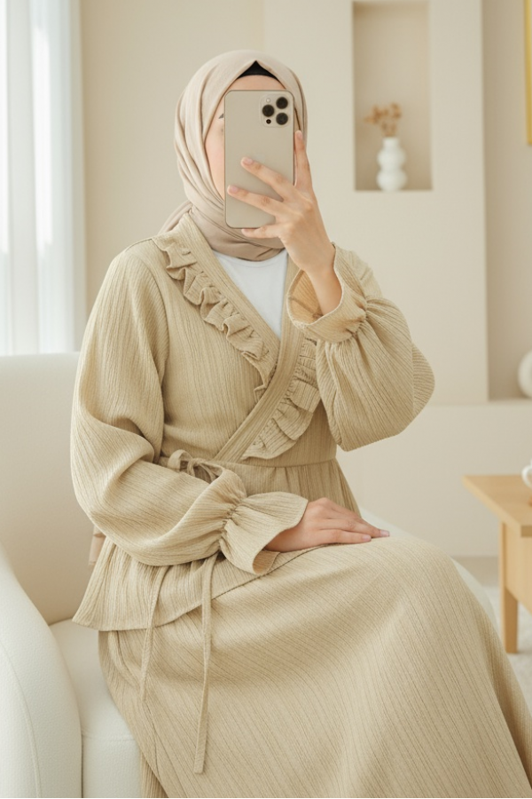 Yakası Fırfırlı Önü Bağlamalı Etekli Kimono Takım  -Açık Vizon