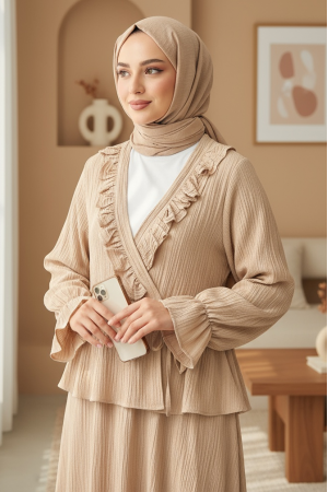 Yakası Fırfırlı Önü Bağlamalı Etekli Kimono Takım  -Somon