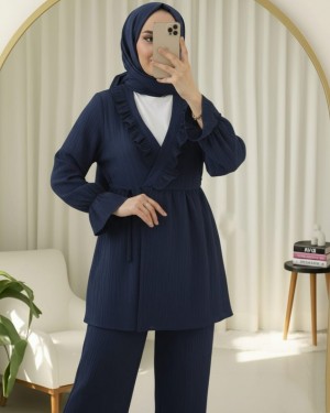 Elastic Sleeves, Ruffle Front, Laced Crinkle Kimono Set -Navy blue