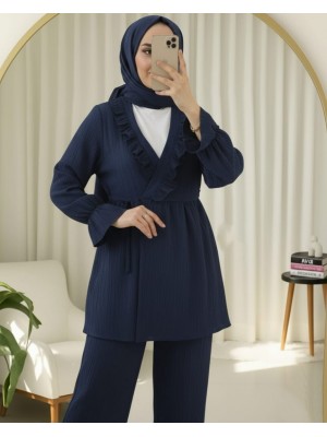 Kolu Lastikli Önü Fırfırlı Bağcıklı Krinkıl Kimono Takım -Laci