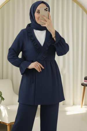 Kolu Lastikli Önü Fırfırlı Bağcıklı Krinkıl Kimono Takım -Laci