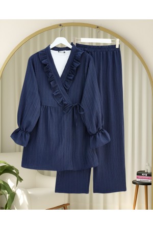 Kolu Lastikli Önü Fırfırlı Bağcıklı Krinkıl Kimono Takım -Laci