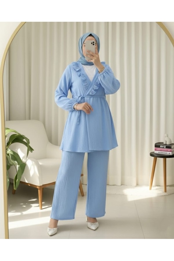 Kolu Lastikli Önü Fırfırlı Bağcıklı Krinkıl Kimono Takım -Mavi