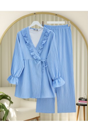 Elastic Sleeves, Ruffle Front, Laced Crinkle Kimono Set -Blue