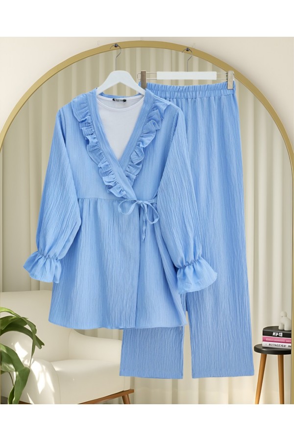 Kolu Lastikli Önü Fırfırlı Bağcıklı Krinkıl Kimono Takım -Mavi