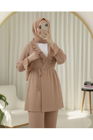 Kolu Lastikli Önü Fırfırlı Bağcıklı Krinkıl Kimono Takım -Somon