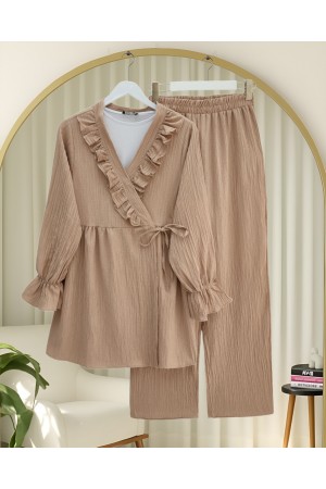 Kolu Lastikli Önü Fırfırlı Bağcıklı Krinkıl Kimono Takım -Somon