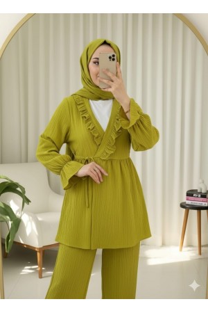 Kolu Lastikli Önü Fırfırlı Bağcıklı Krinkıl Kimono Takım -Yağ Yeşili